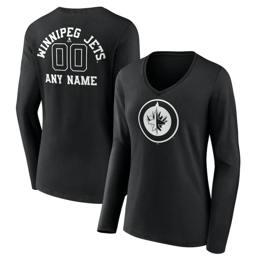 NHL Black Winnipeg Jets Women's Personalized Name & Number Monochrome Long Sleeve V-Neck T-Shirt