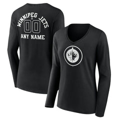 NHL Black Winnipeg Jets Women's Personalized Name & Number Monochrome Long Sleeve V-Neck T-Shirt