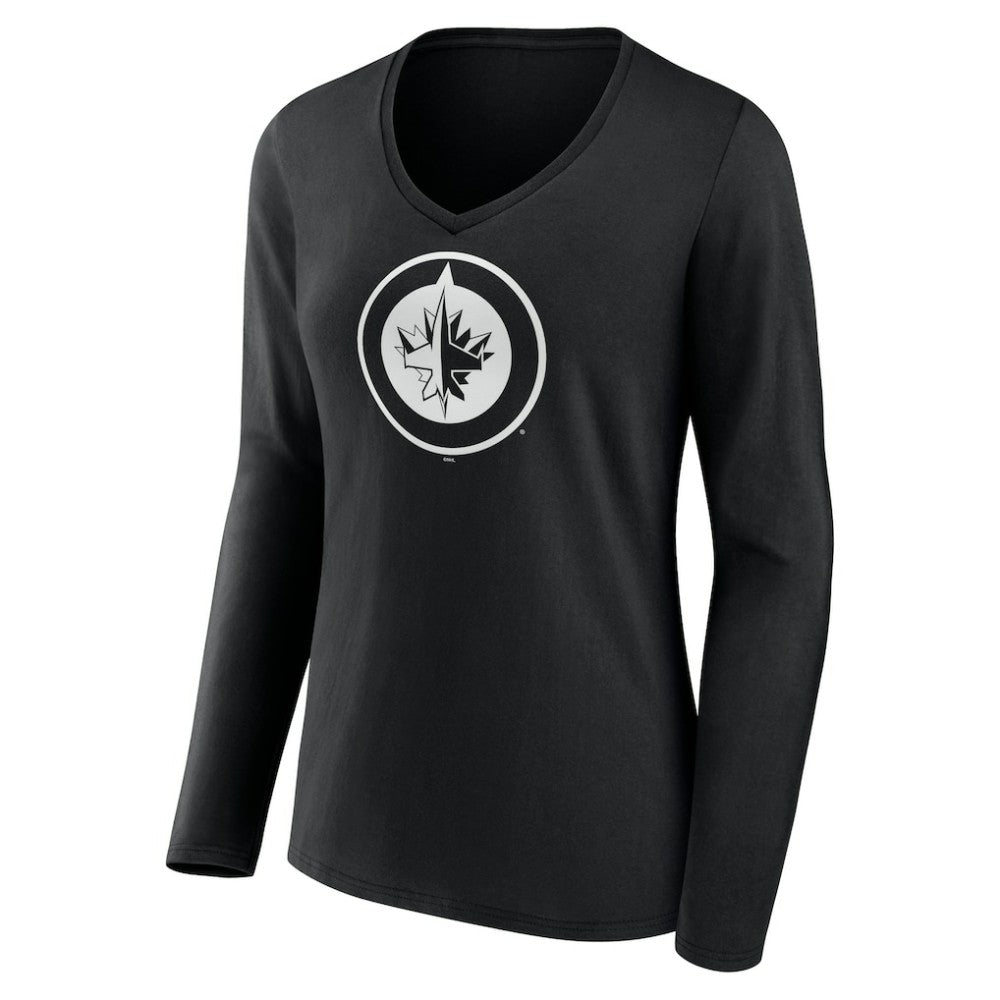 NHL Black Winnipeg Jets Women's Personalized Name & Number Monochrome Long Sleeve V-Neck T-Shirt