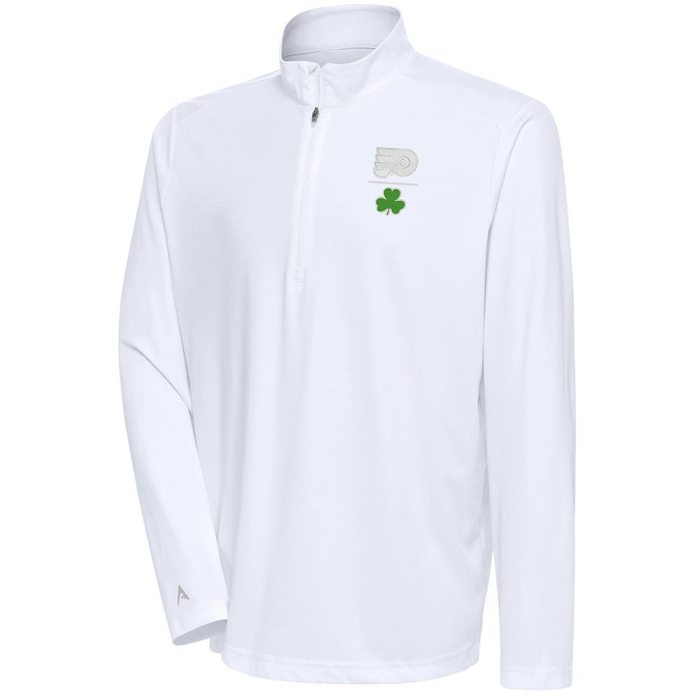 NHL White Philadelphia Flyers Antigua Shamrock Tribute Quarter-Zip Pullover Top