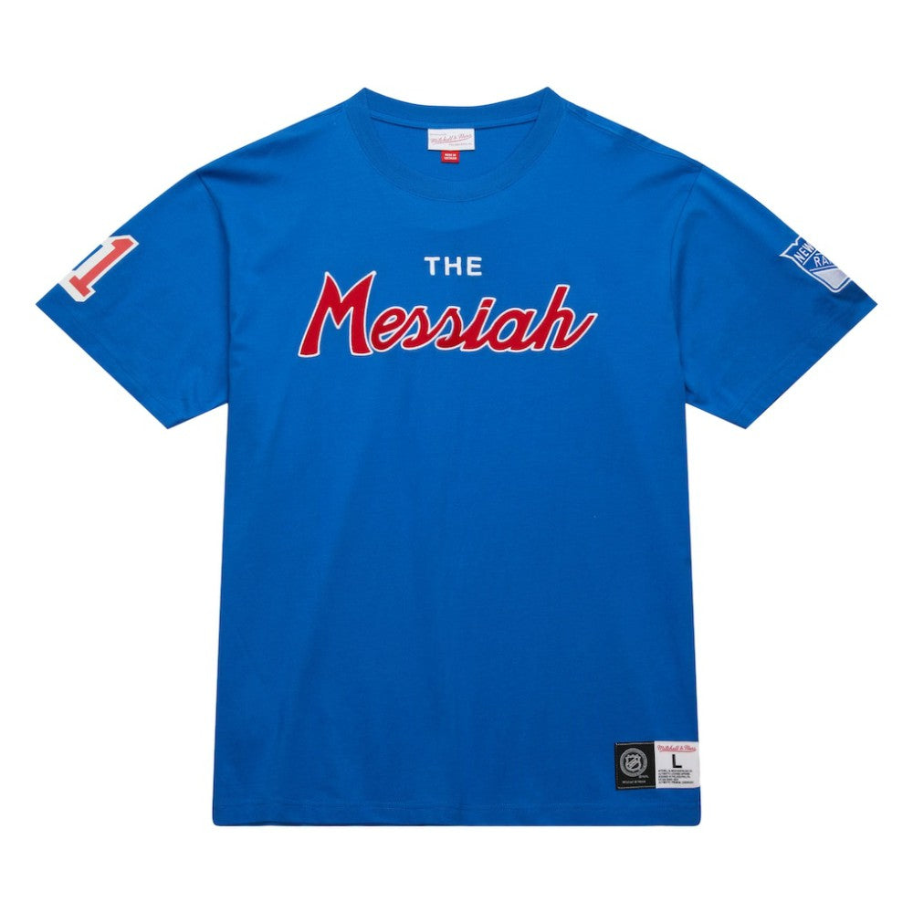 NHL Blue Mark Messier New York Rangers Mitchell & Ness Premium Nickname Vintage Logo T-Shirt