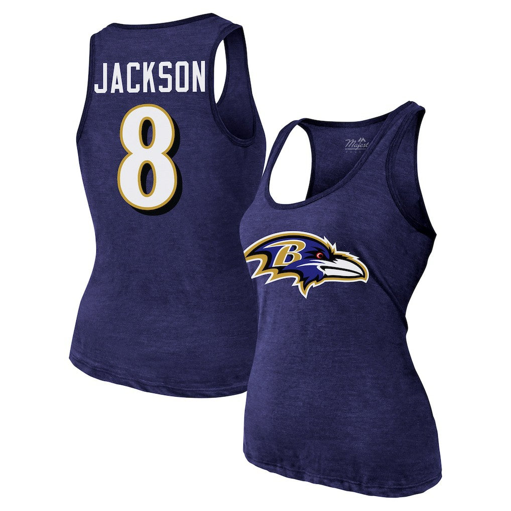 Lamar Jackson  Majestic Threads Women's Name & Number Tri-Blend Tank Top - Baltimore Ravens