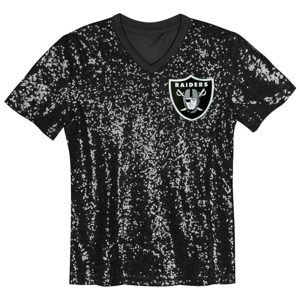 Girls Youth Wordmark Sequin V-Neck Top - Las Vegas Raiders
