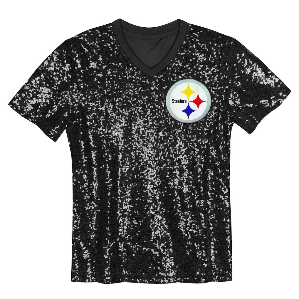 Girls Youth Wordmark Sequin V-Neck Top - Pittsburgh Steelers