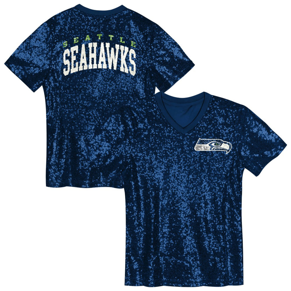 Girls Youth Wordmark Sequin V-Neck Top - Seattle Seahawks
