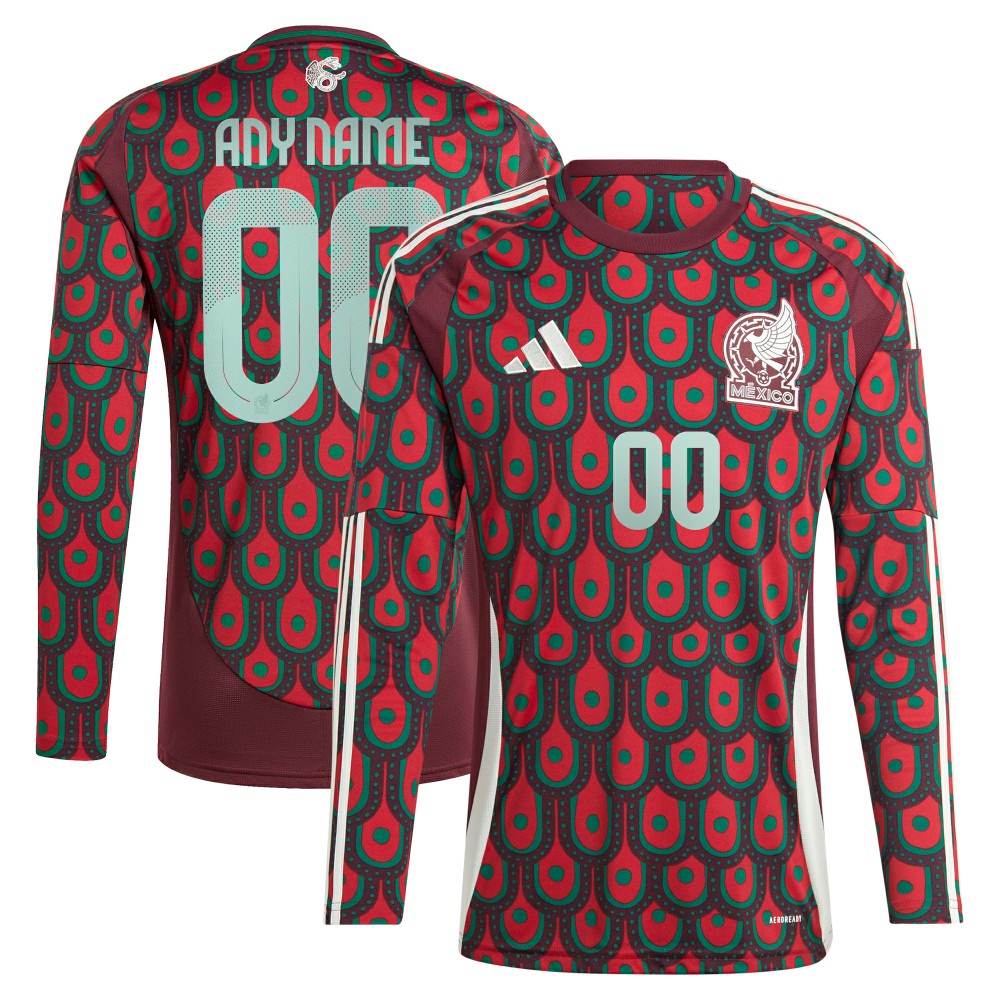 Mexico National Team 2024 Home Replica Custom Long Sleeve Jersey - Adidas Burgundy
