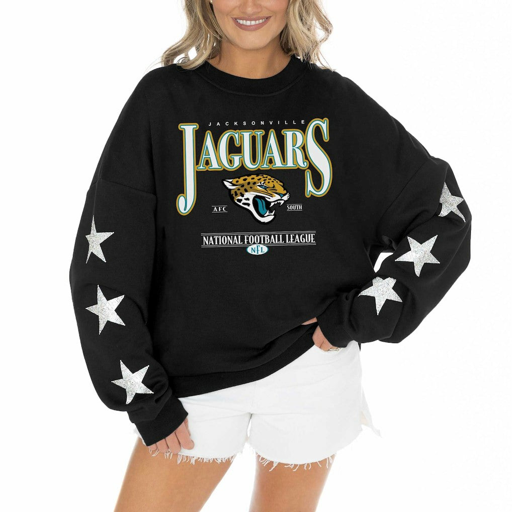 Gameday Couture Women's Rhinestone Star Sleeve Settle the Score Oversized Pullover Sweatshirt - Jacksonville Jaguars
