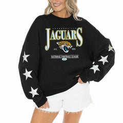 Gameday Couture Women's Rhinestone Star Sleeve Settle the Score Oversized Pullover Sweatshirt - Jacksonville Jaguars