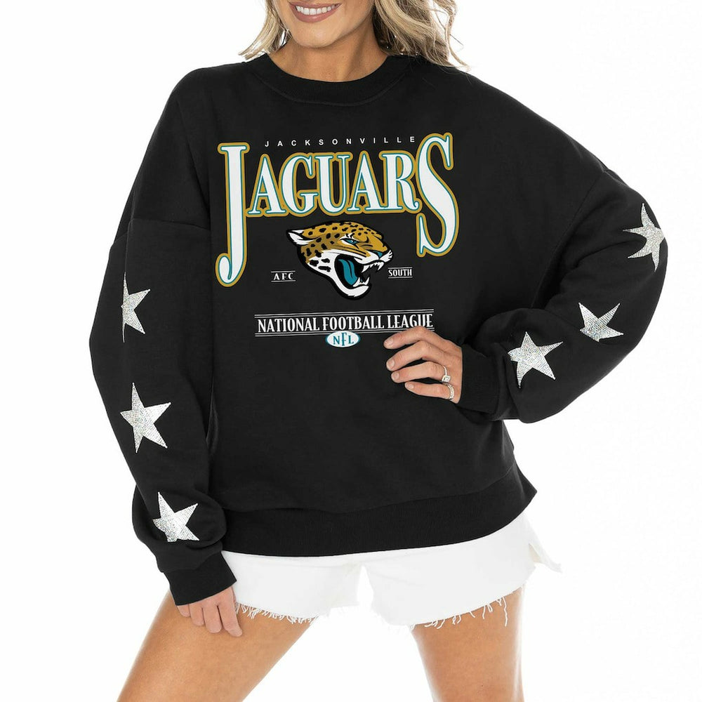 Gameday Couture Women's Rhinestone Star Sleeve Settle the Score Oversized Pullover Sweatshirt - Jacksonville Jaguars