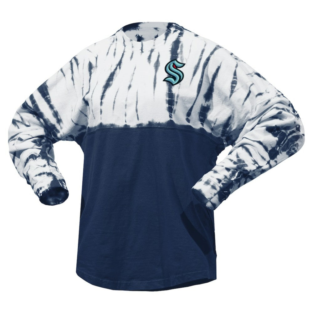 NHL Deep Sea Blue Seattle Kraken Spirit Jersey Unisex Crystal Half Dye Long Sleeve T-Shirt