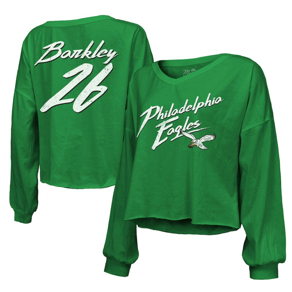 Saquon Barkley  Majestic Threads Women's Name & Number Off-Shoulder Script Cropped Long Sleeve Relaxed V-Neck T-Shirt - Philadelphia Eagles