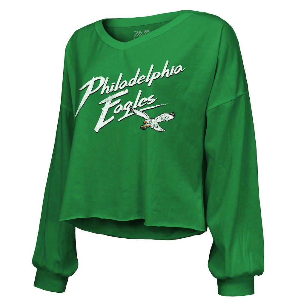 Saquon Barkley  Majestic Threads Women's Name & Number Off-Shoulder Script Cropped Long Sleeve Relaxed V-Neck T-Shirt - Philadelphia Eagles