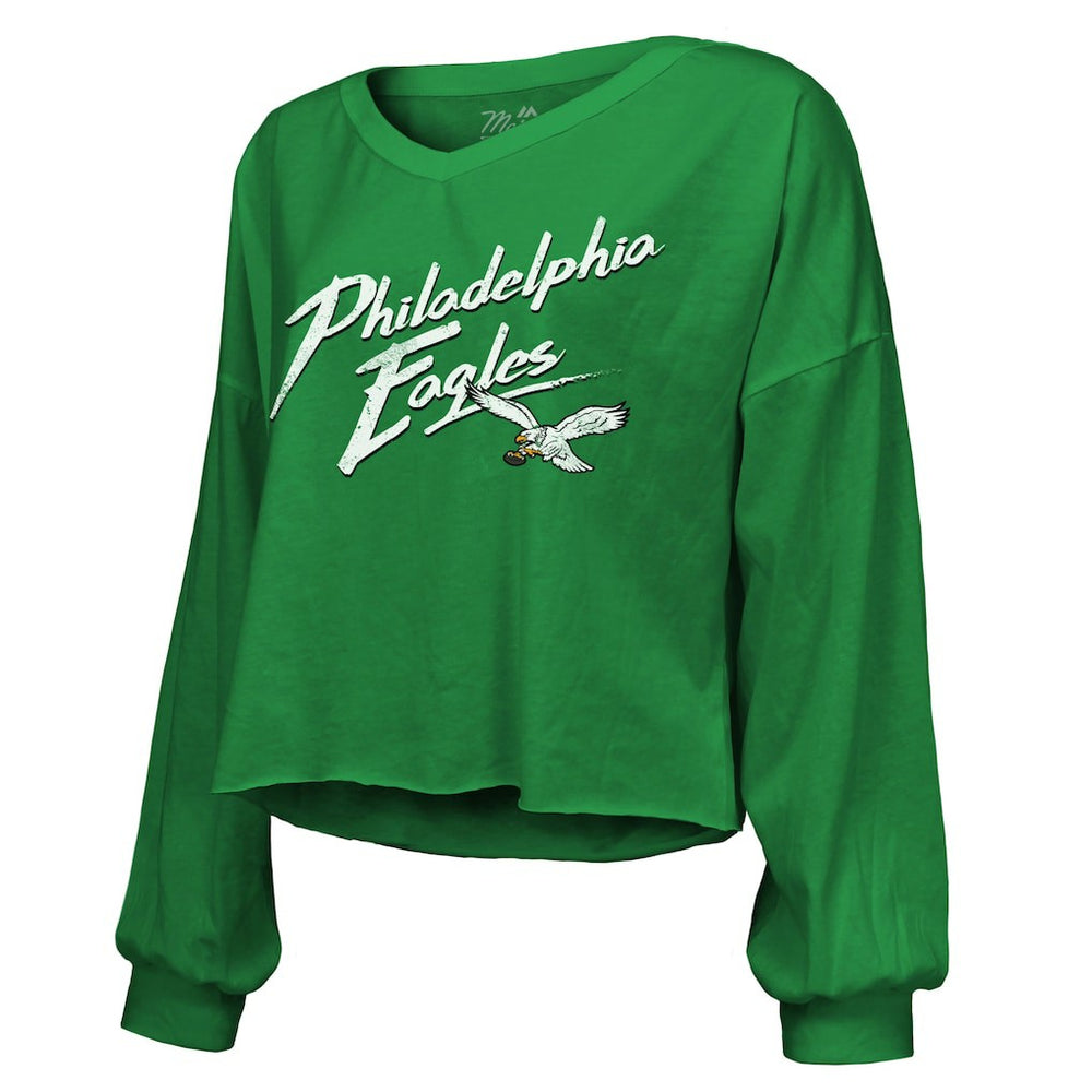 Saquon Barkley  Majestic Threads Women's Name & Number Off-Shoulder Script Cropped Long Sleeve Relaxed V-Neck T-Shirt - Philadelphia Eagles