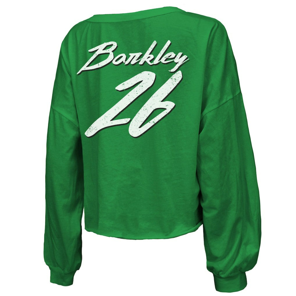 Saquon Barkley  Majestic Threads Women's Name & Number Off-Shoulder Script Cropped Long Sleeve Relaxed V-Neck T-Shirt - Philadelphia Eagles