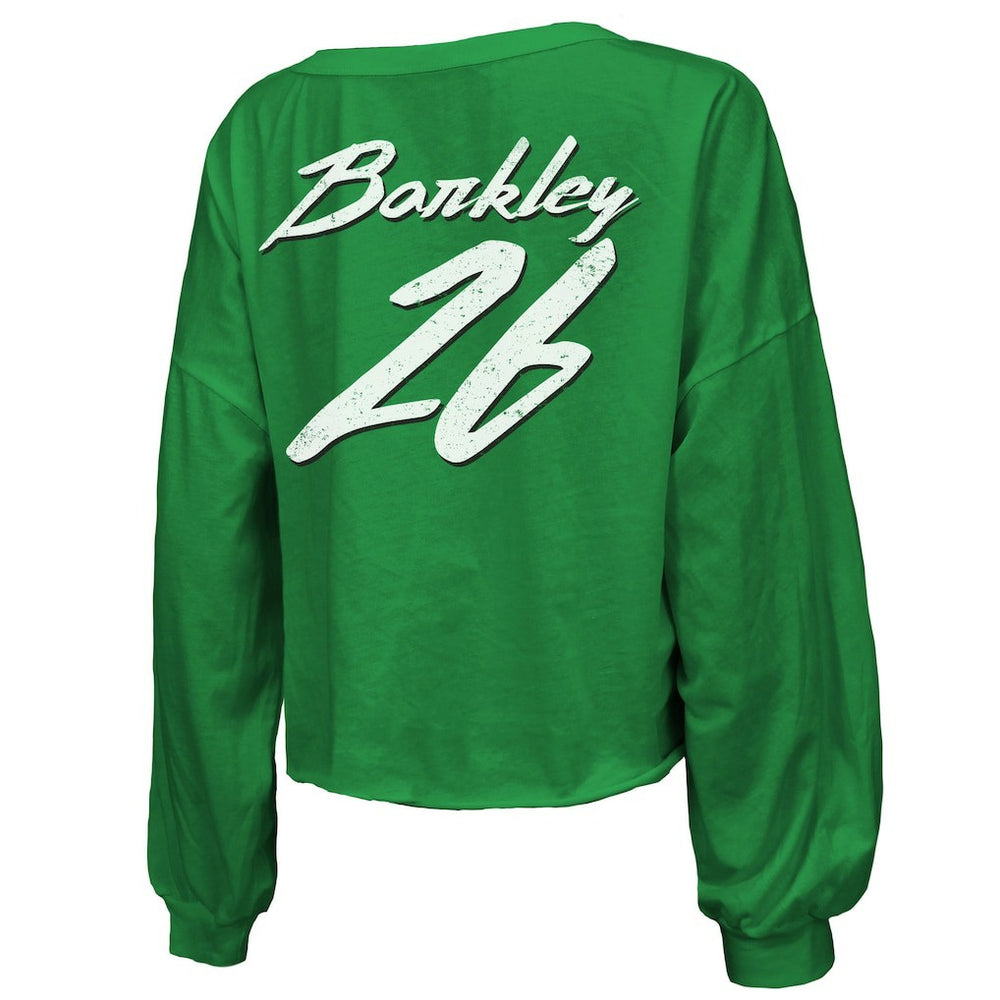 Saquon Barkley  Majestic Threads Women's Name & Number Off-Shoulder Script Cropped Long Sleeve Relaxed V-Neck T-Shirt - Philadelphia Eagles