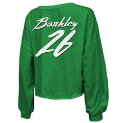 Saquon Barkley  Majestic Threads Women's Name & Number Off-Shoulder Script Cropped Long Sleeve Relaxed V-Neck T-Shirt - Philadelphia Eagles