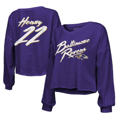 Derrick Henry  Majestic Threads Women's Name & Number Off-Shoulder Script Cropped Long Sleeve Relaxed V-Neck T-Shirt - Baltimore Ravens