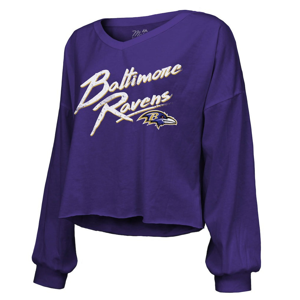 Derrick Henry  Majestic Threads Women's Name & Number Off-Shoulder Script Cropped Long Sleeve Relaxed V-Neck T-Shirt - Baltimore Ravens
