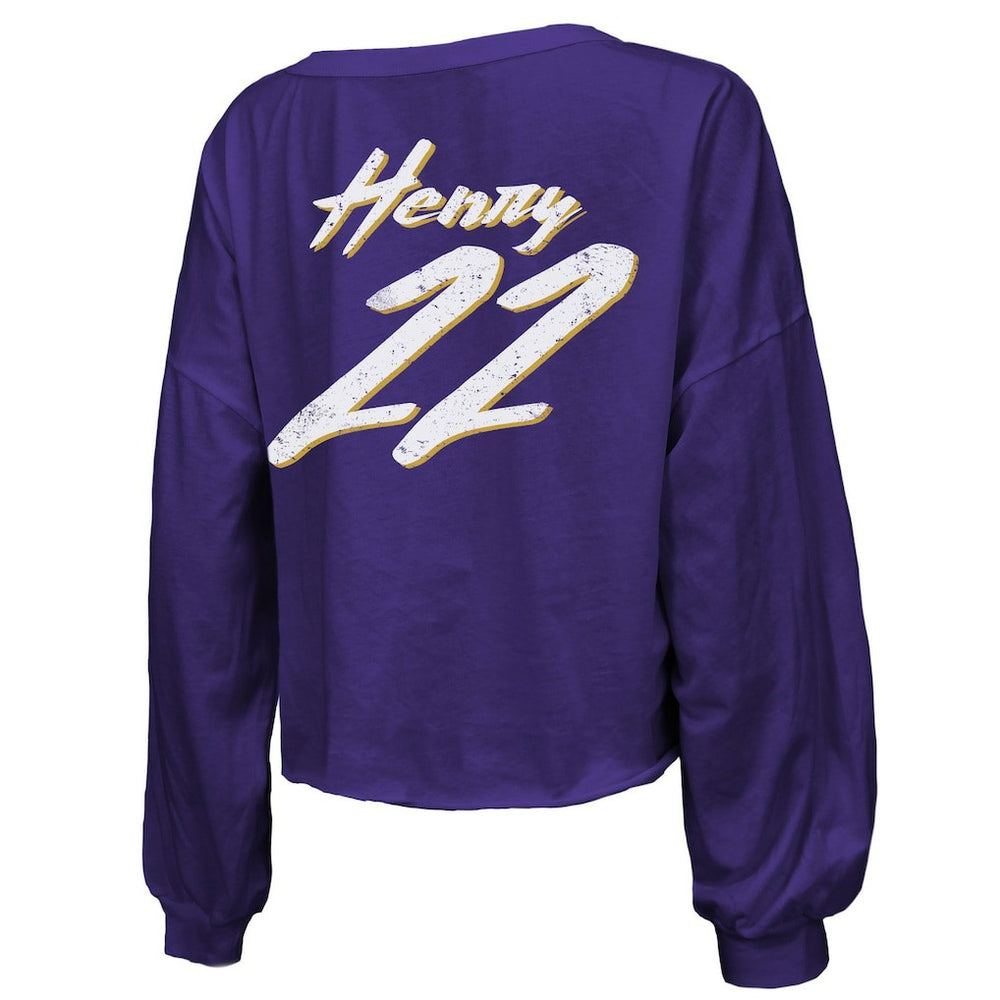 Derrick Henry  Majestic Threads Women's Name & Number Off-Shoulder Script Cropped Long Sleeve Relaxed V-Neck T-Shirt - Baltimore Ravens