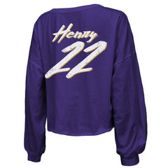 Derrick Henry  Majestic Threads Women's Name & Number Off-Shoulder Script Cropped Long Sleeve Relaxed V-Neck T-Shirt - Baltimore Ravens