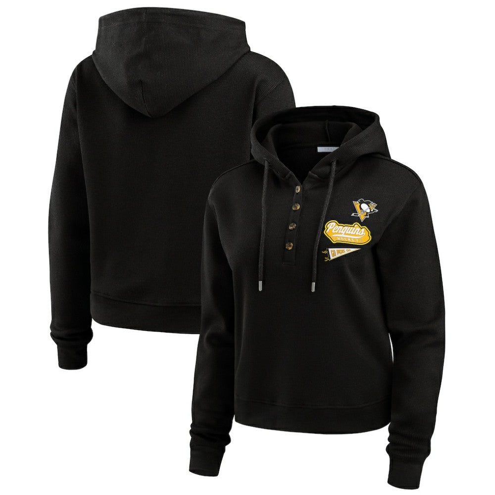 NHL Black Pittsburgh Penguins WEAR by Erin Andrews Women's Waffle-Knit Pullover Hoodie