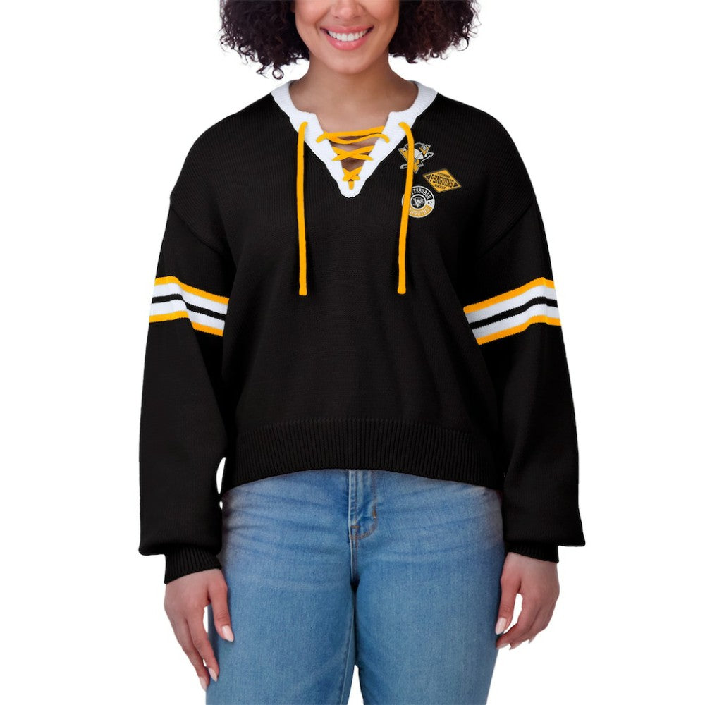 NHL Black Pittsburgh Penguins WEAR by Erin Andrews Women's Cropped Lace-Up Sweater