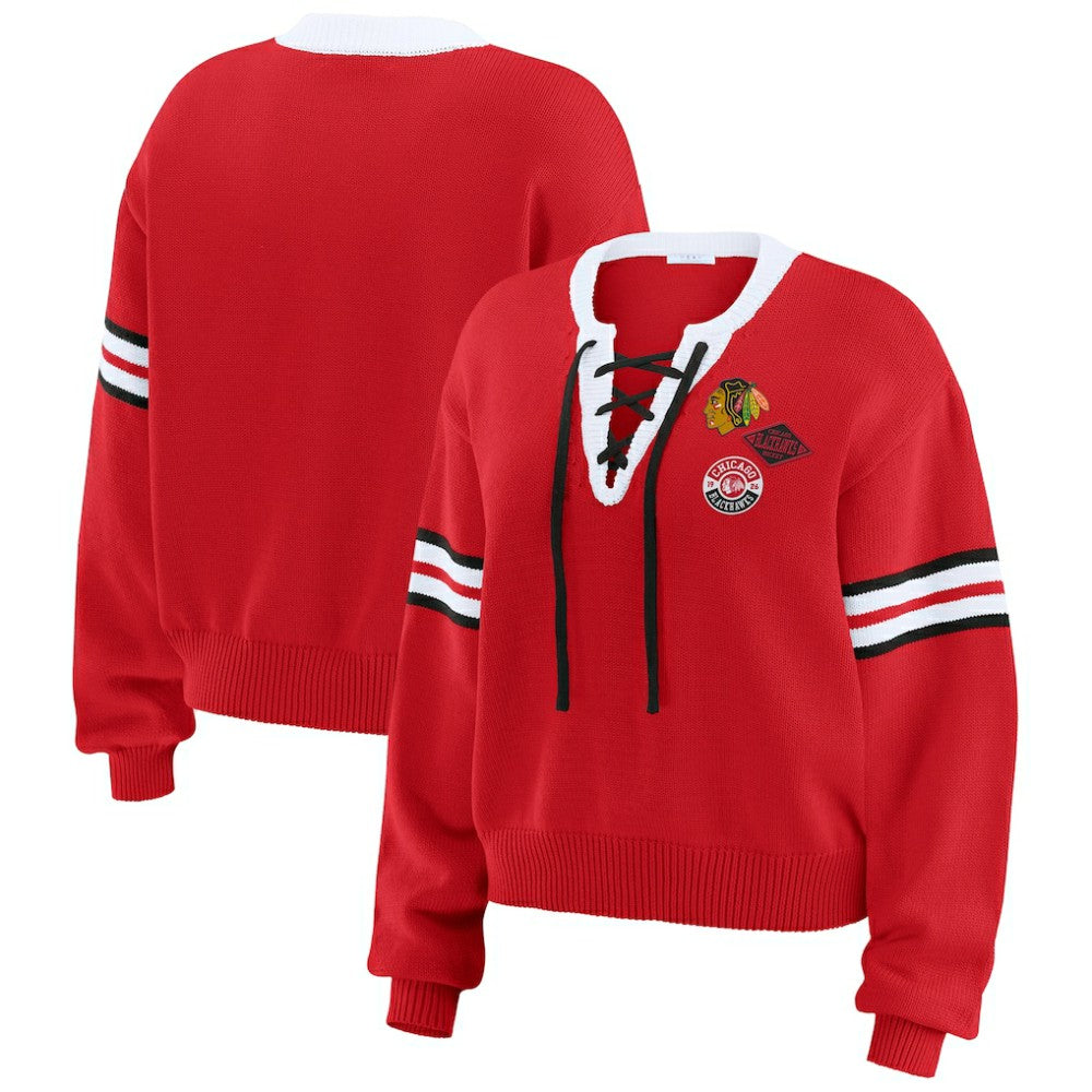 NHL Red Chicago Blackhawks WEAR by Erin Andrews Women's Cropped Lace-Up Sweater