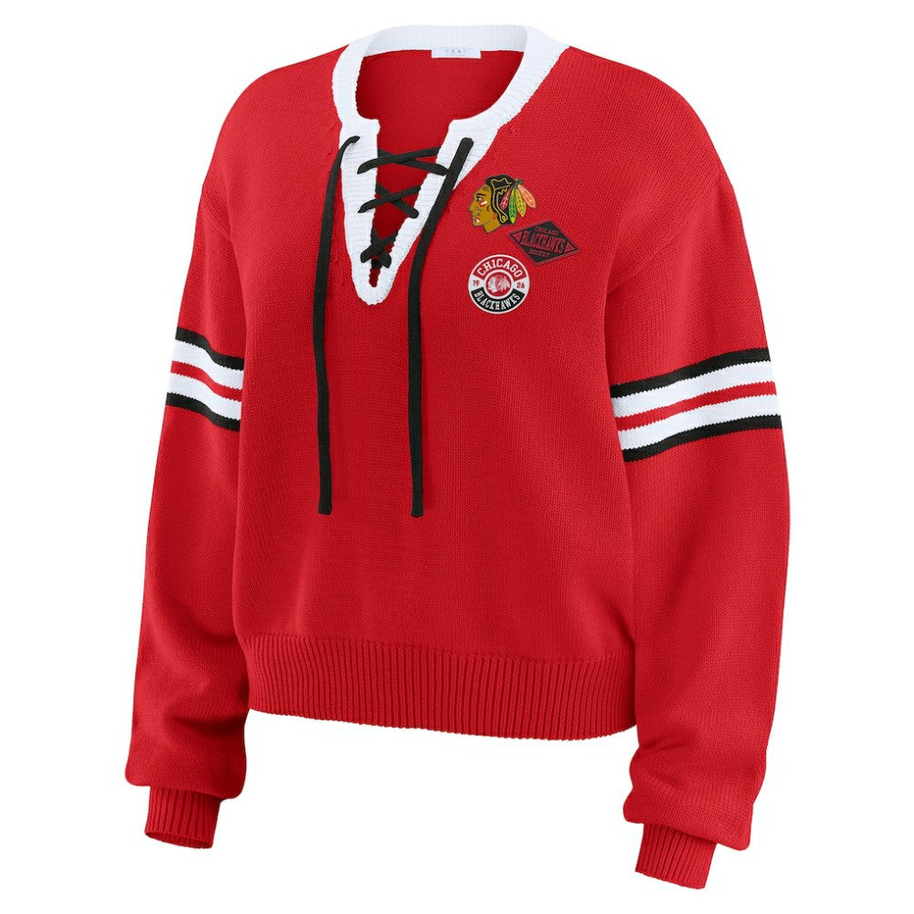 NHL Red Chicago Blackhawks WEAR by Erin Andrews Women's Cropped Lace-Up Sweater