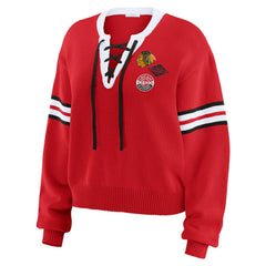 NHL Red Chicago Blackhawks WEAR by Erin Andrews Women's Cropped Lace-Up Sweater