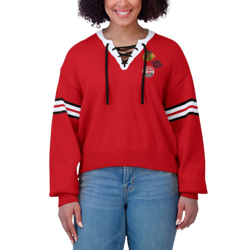 NHL Red Chicago Blackhawks WEAR by Erin Andrews Women's Cropped Lace-Up Sweater