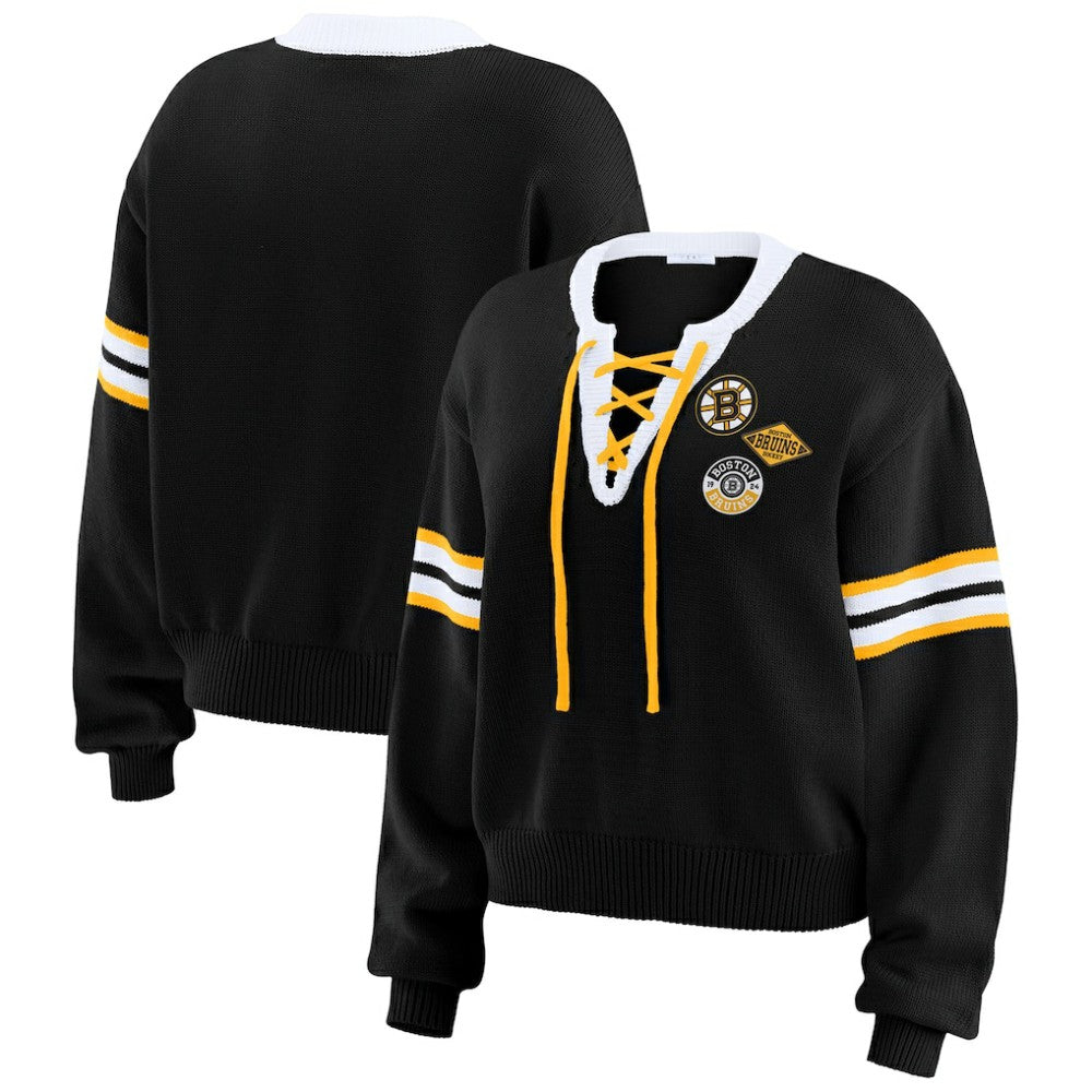 NHL Black Boston Bruins WEAR by Erin Andrews Women's Cropped Lace-Up Sweater