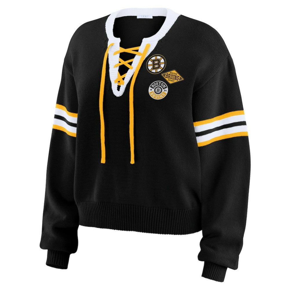 NHL Black Boston Bruins WEAR by Erin Andrews Women's Cropped Lace-Up Sweater
