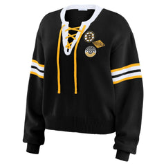 NHL Black Boston Bruins WEAR by Erin Andrews Women's Cropped Lace-Up Sweater