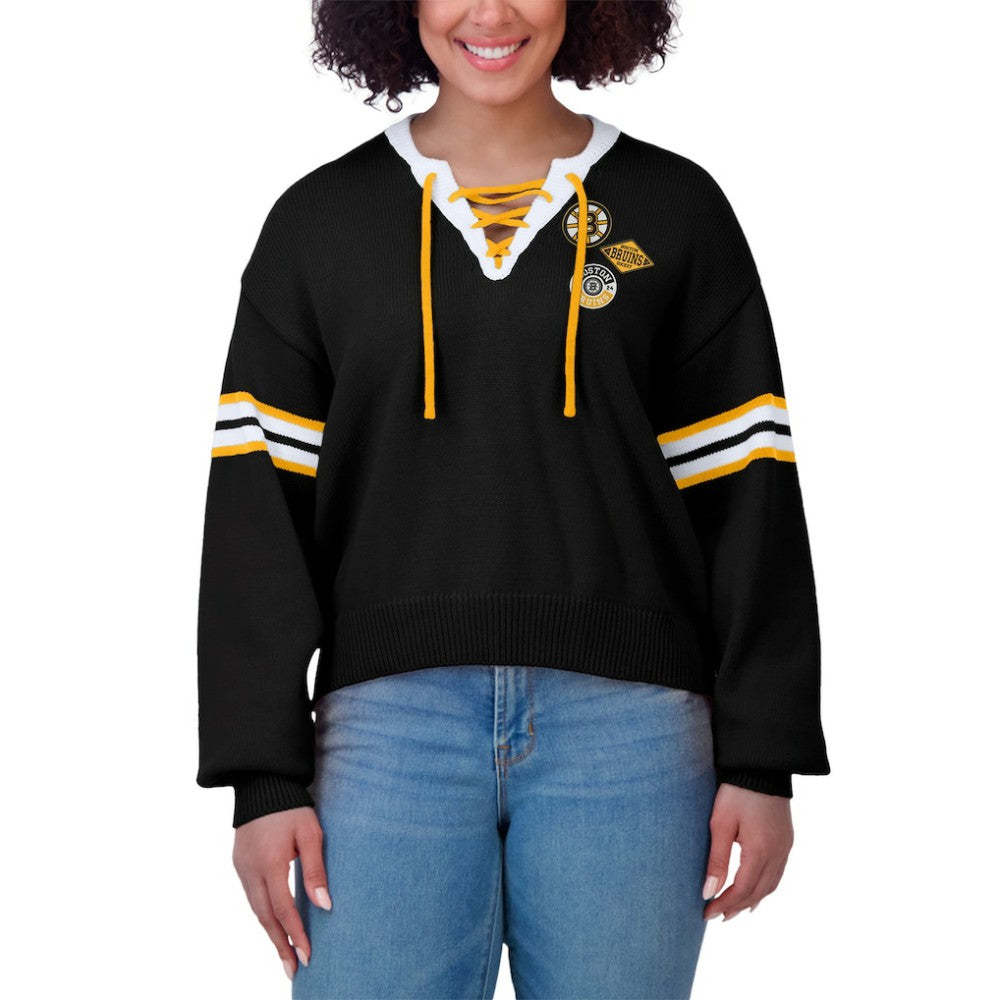 NHL Black Boston Bruins WEAR by Erin Andrews Women's Cropped Lace-Up Sweater