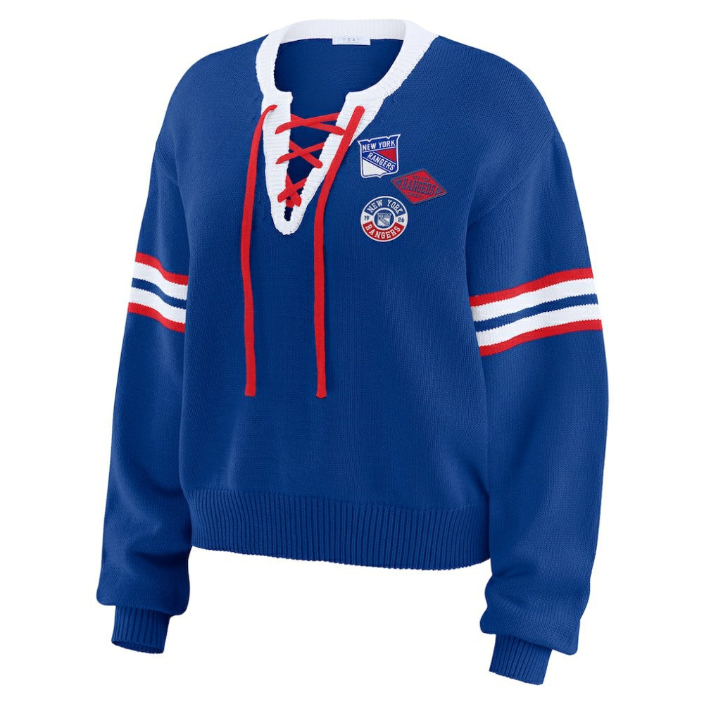 NHL Blue New York Rangers WEAR by Erin Andrews Women's Cropped Lace-Up Sweater