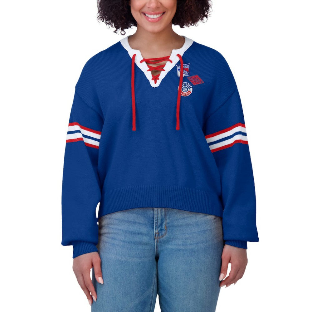 NHL Blue New York Rangers WEAR by Erin Andrews Women's Cropped Lace-Up Sweater