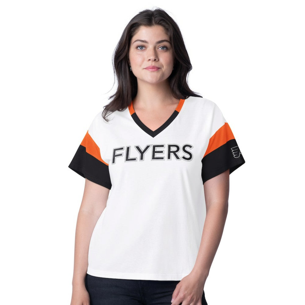 NHL White Philadelphia Flyers G-III 4Her by Carl Banks Women's Rink Oversized Rhinestone V-Neck T-Shirt