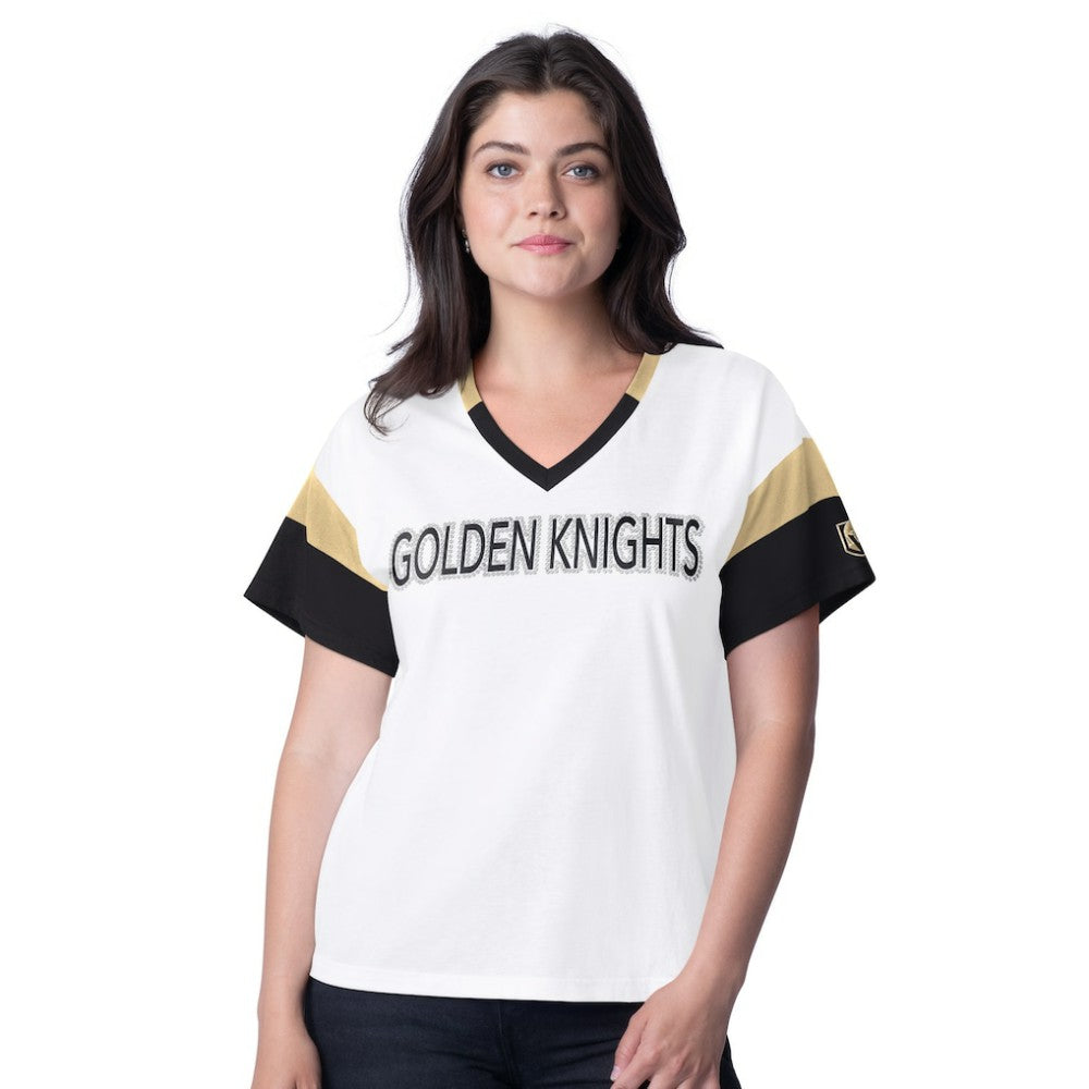 NHL White Vegas Golden Knights G-III 4Her by Carl Banks Women's Rink Oversized Rhinestone V-Neck T-Shirt