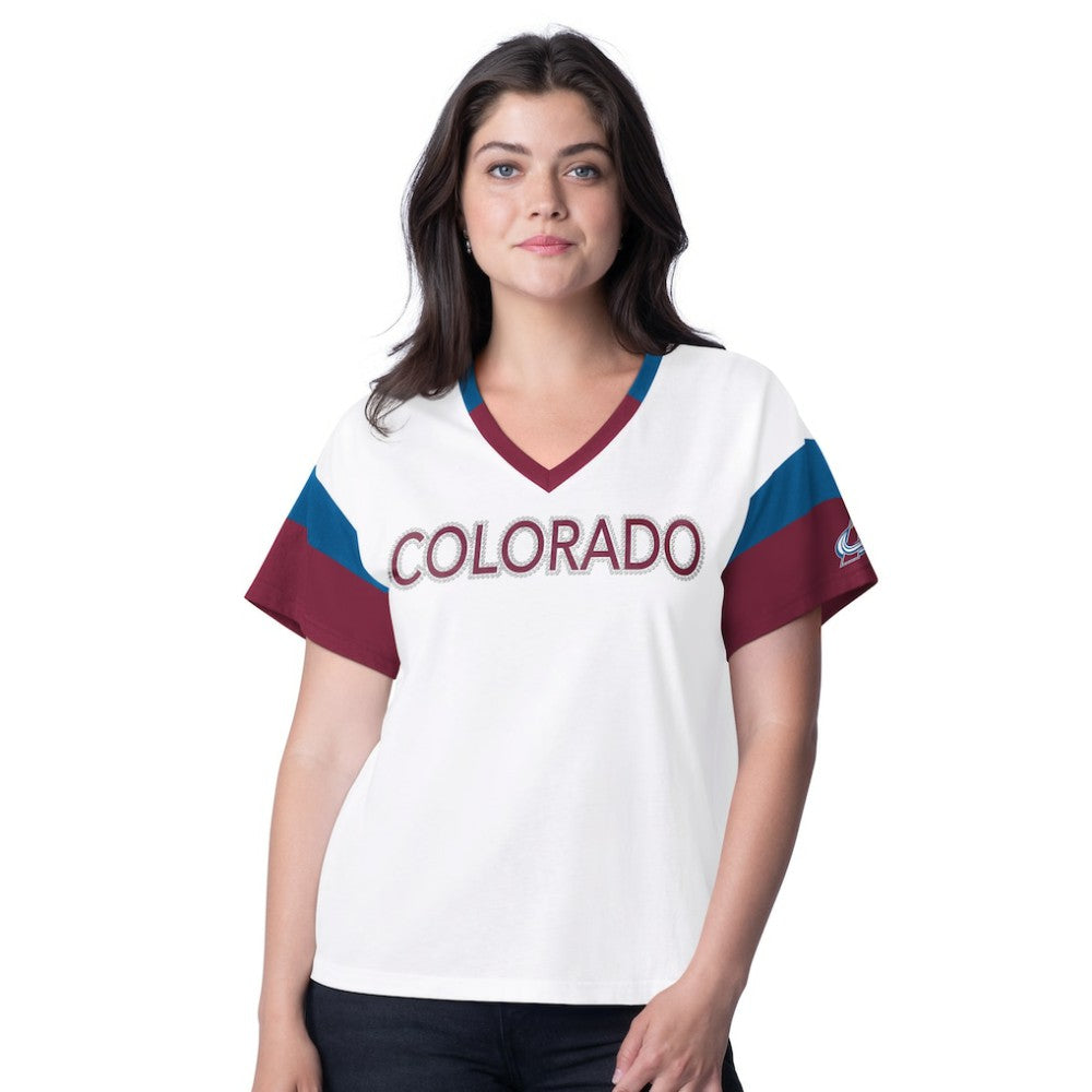 NHL White Colorado Avalanche G-III 4Her by Carl Banks Women's Rink Oversized Rhinestone V-Neck T-Shirt