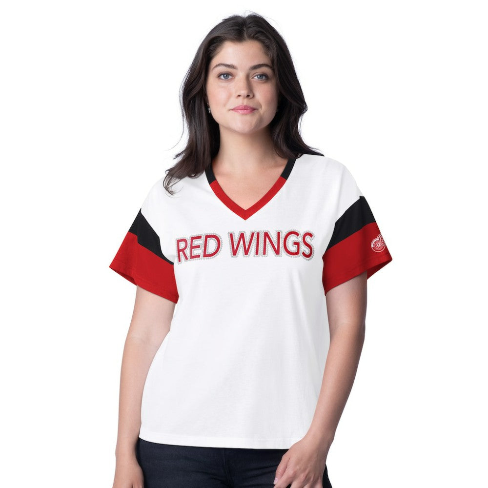 NHL White Detroit Red Wings G-III 4Her by Carl Banks Women's Rink Oversized Rhinestone V-Neck T-Shirt