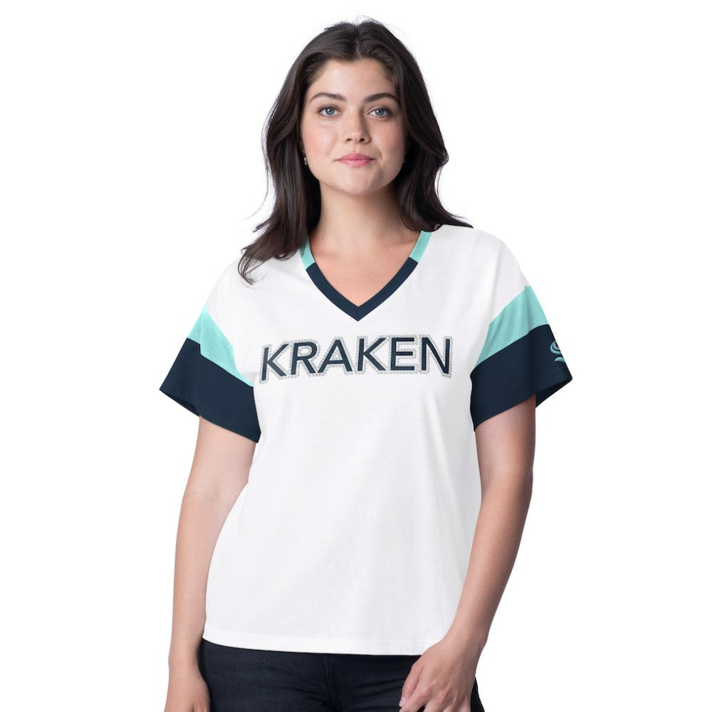 NHL White Seattle Kraken G-III 4Her by Carl Banks Women's Rink Oversized Rhinestone V-Neck T-Shirt