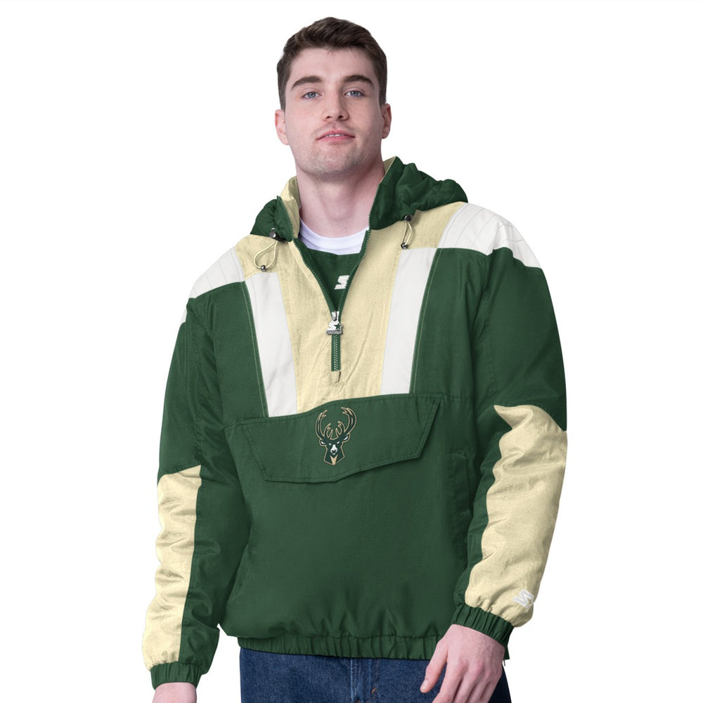 NBA Milwaukee Bucks Starter Charger Half-Zip Pullover Jacket- Hunter Green/Cream outlet