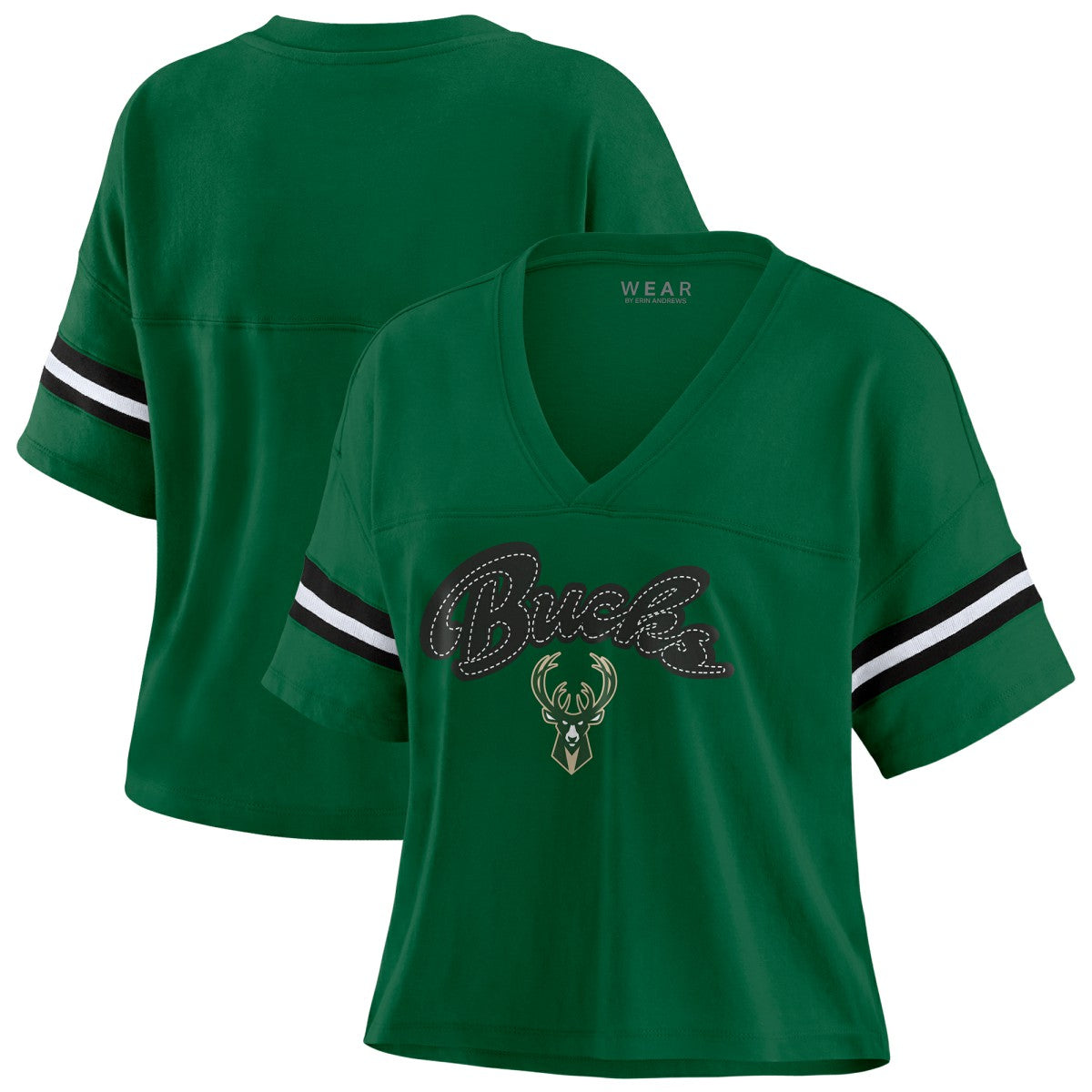 NBA Milwaukee Bucks WEAR by Erin Andrews Women's Color Block Boxy V-Neck T-Shirt