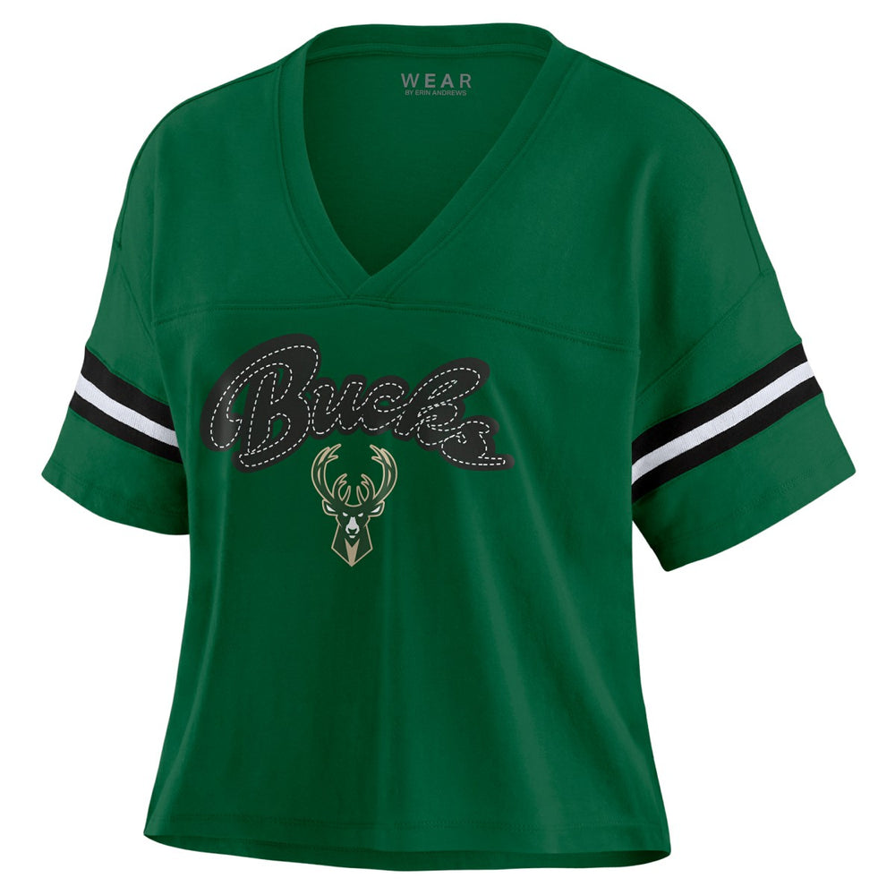 NBA Milwaukee Bucks WEAR by Erin Andrews Women's Color Block Boxy V-Neck T-Shirt
