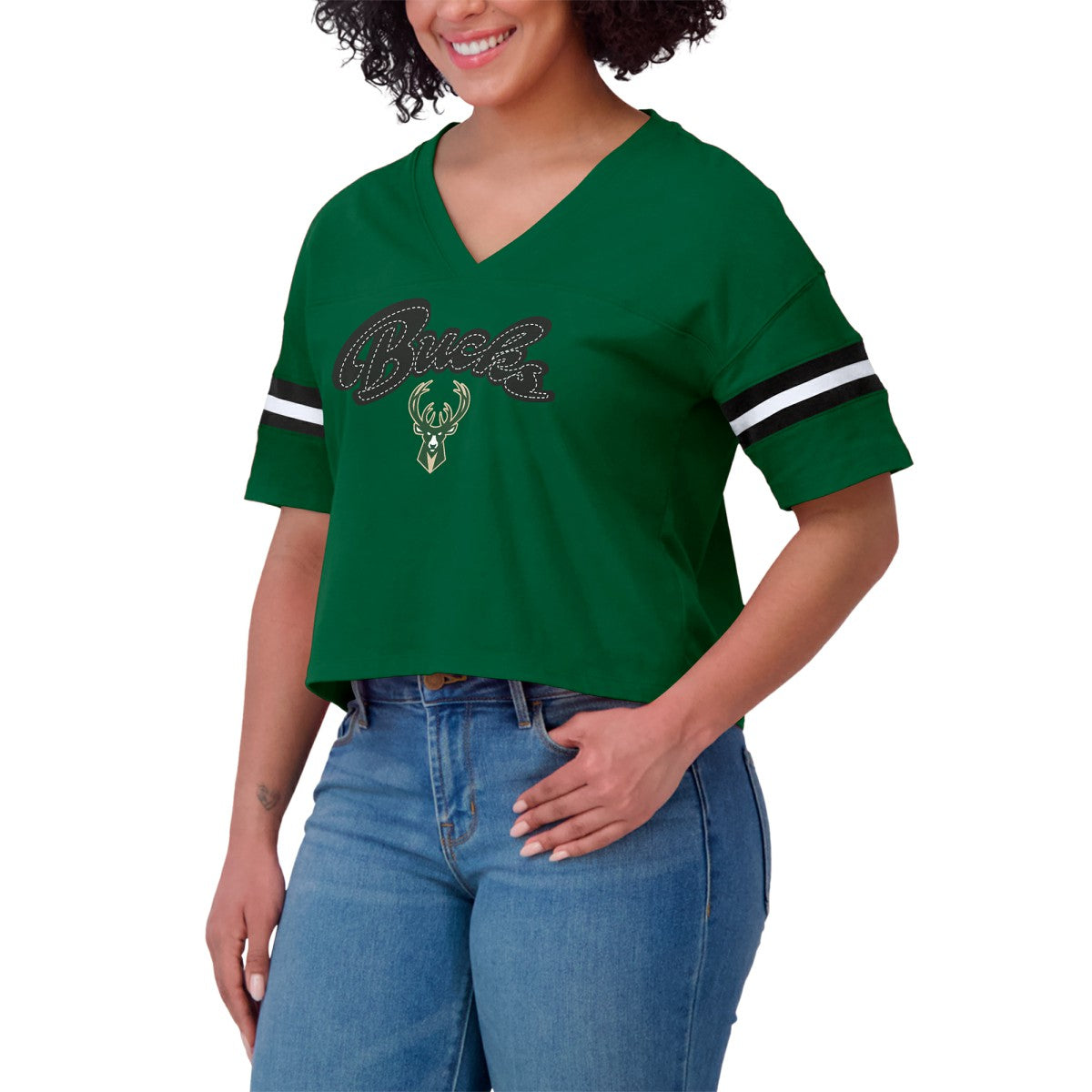 NBA Milwaukee Bucks WEAR by Erin Andrews Women's Color Block Boxy V-Neck T-Shirt