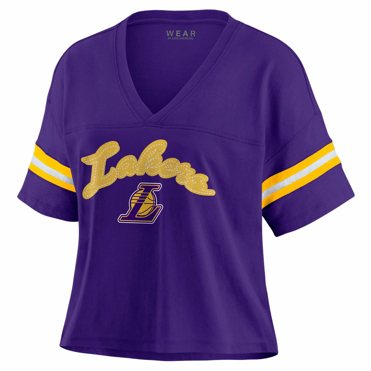 NBA Los Angeles Lakers WEAR by Erin Andrews Women's Plus Size Color Block Boxy V-Neck T-Shirt