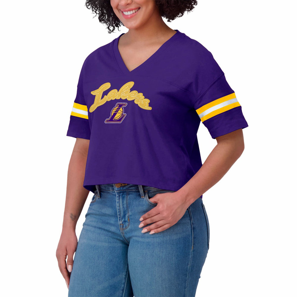 NBA Los Angeles Lakers WEAR by Erin Andrews Women's Plus Size Color Block Boxy V-Neck T-Shirt