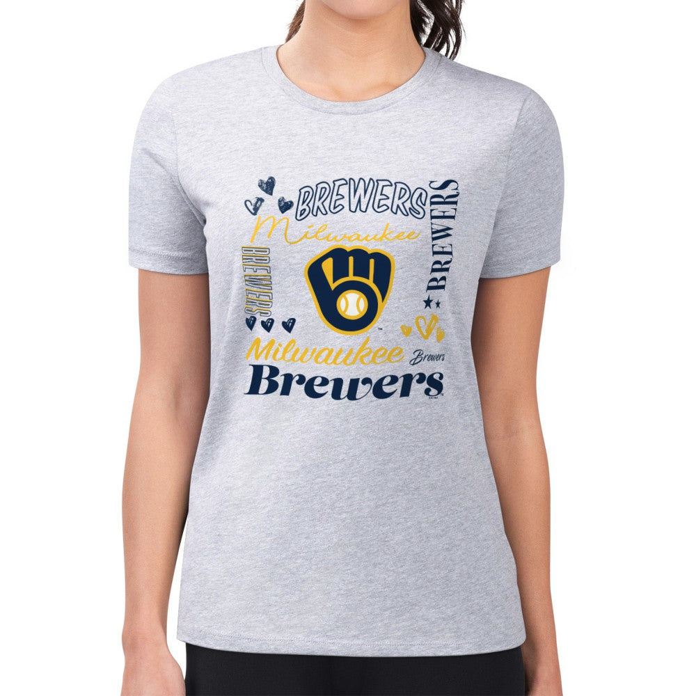 MLB Milwaukee Brewers G-III 4Her by Carl Banks Women's Super-Slim Fit Lightweight Collage Team Graphic Crew Neck T-Shirt