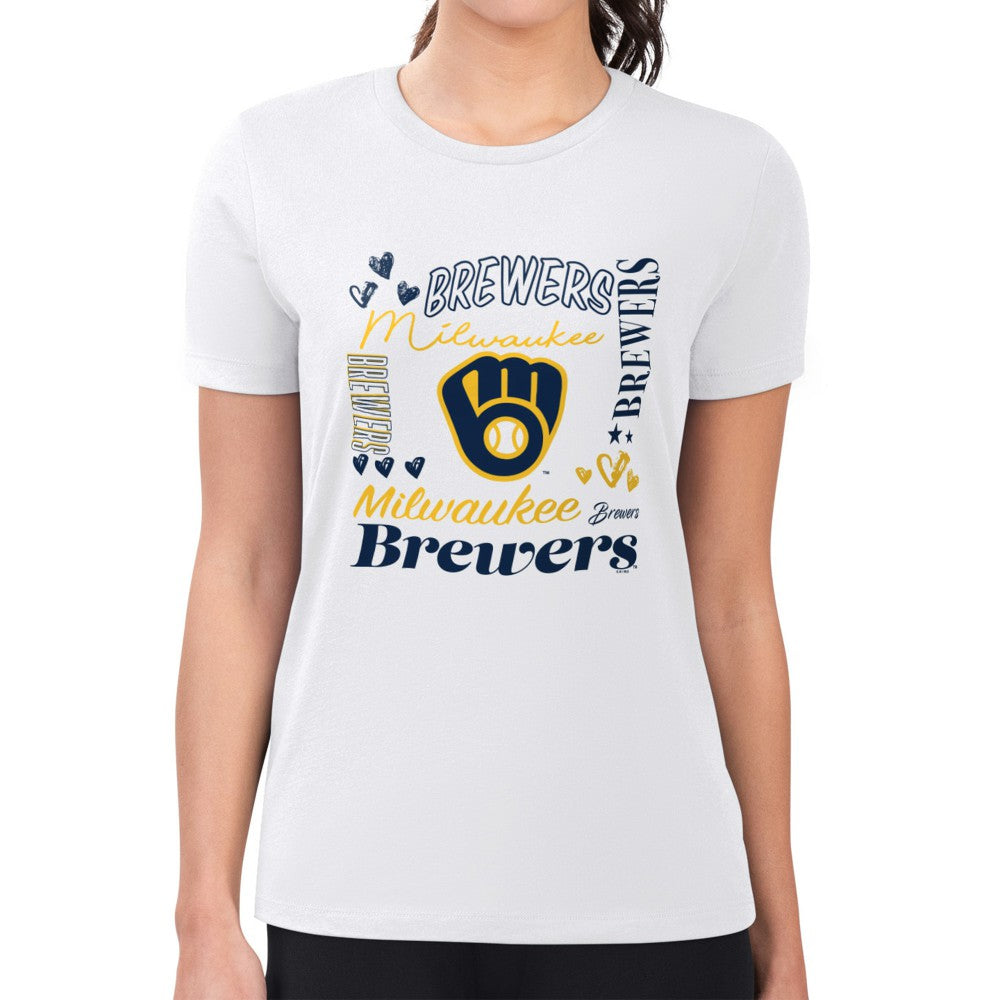 MLB Milwaukee Brewers G-III 4Her by Carl Banks Women's Super-Slim Fit Lightweight Collage Team Graphic Crew Neck T-Shirt