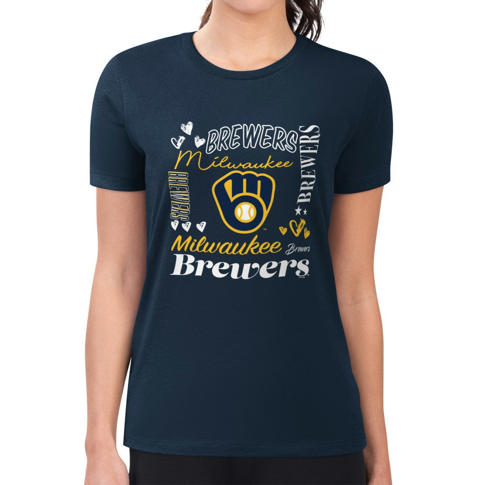 MLB Milwaukee Brewers G-III 4Her by Carl Banks Women's Super-Slim Fit Lightweight Collage Team Graphic Crew Neck T-Shirt